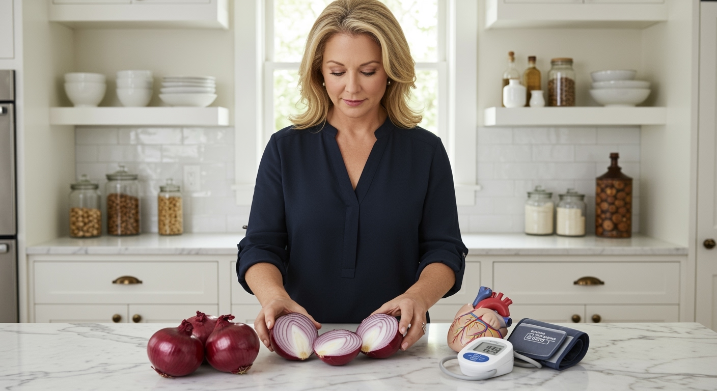 Middle-aged woman examining red onions on marble countertop with blood pressure monitor and heart model in bright modern kitchen