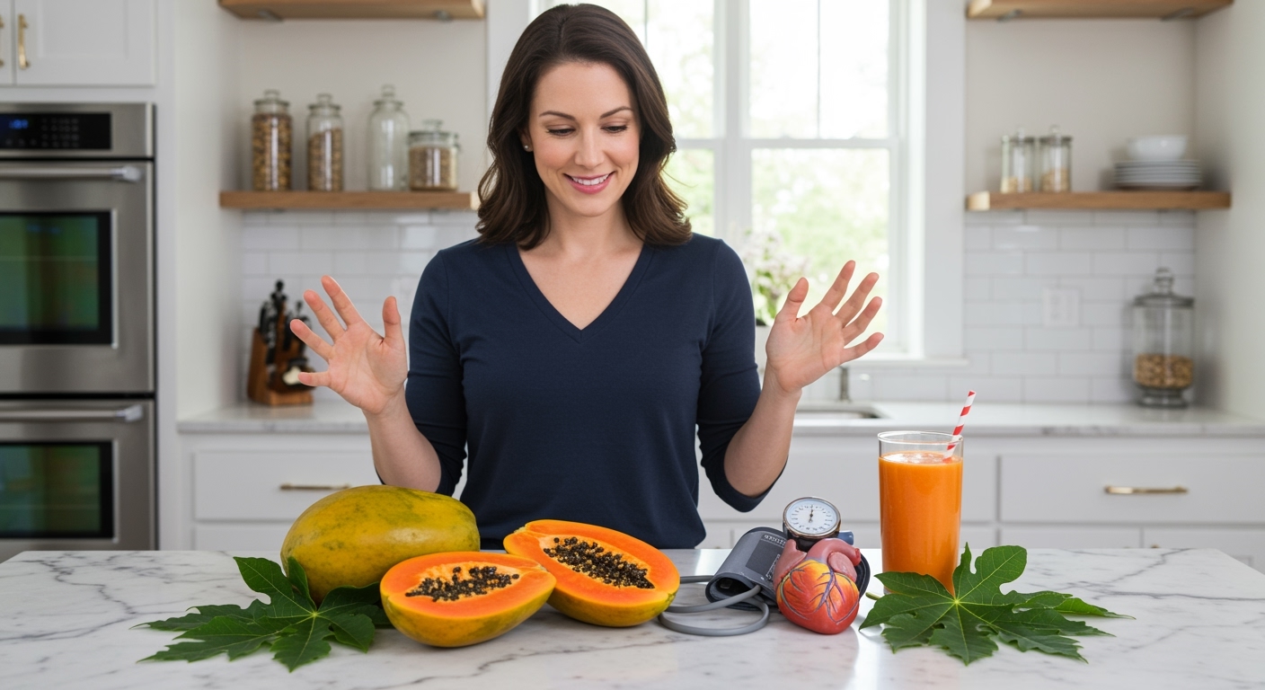 Woman standing behind marble counter examining whole and halved papaya with blood pressure monitor, heart model, and smoothie visible