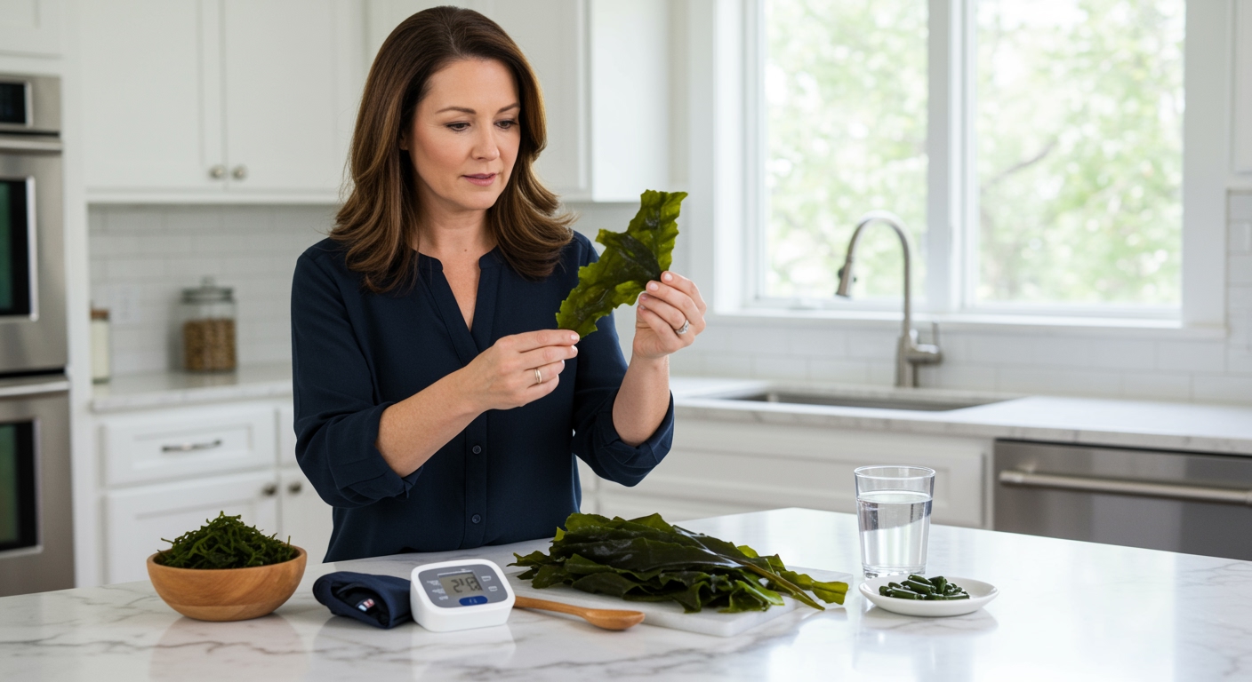 Middle-aged woman holding rockweed seaweed while standing behind marble countertop with blood pressure monitor and supplements