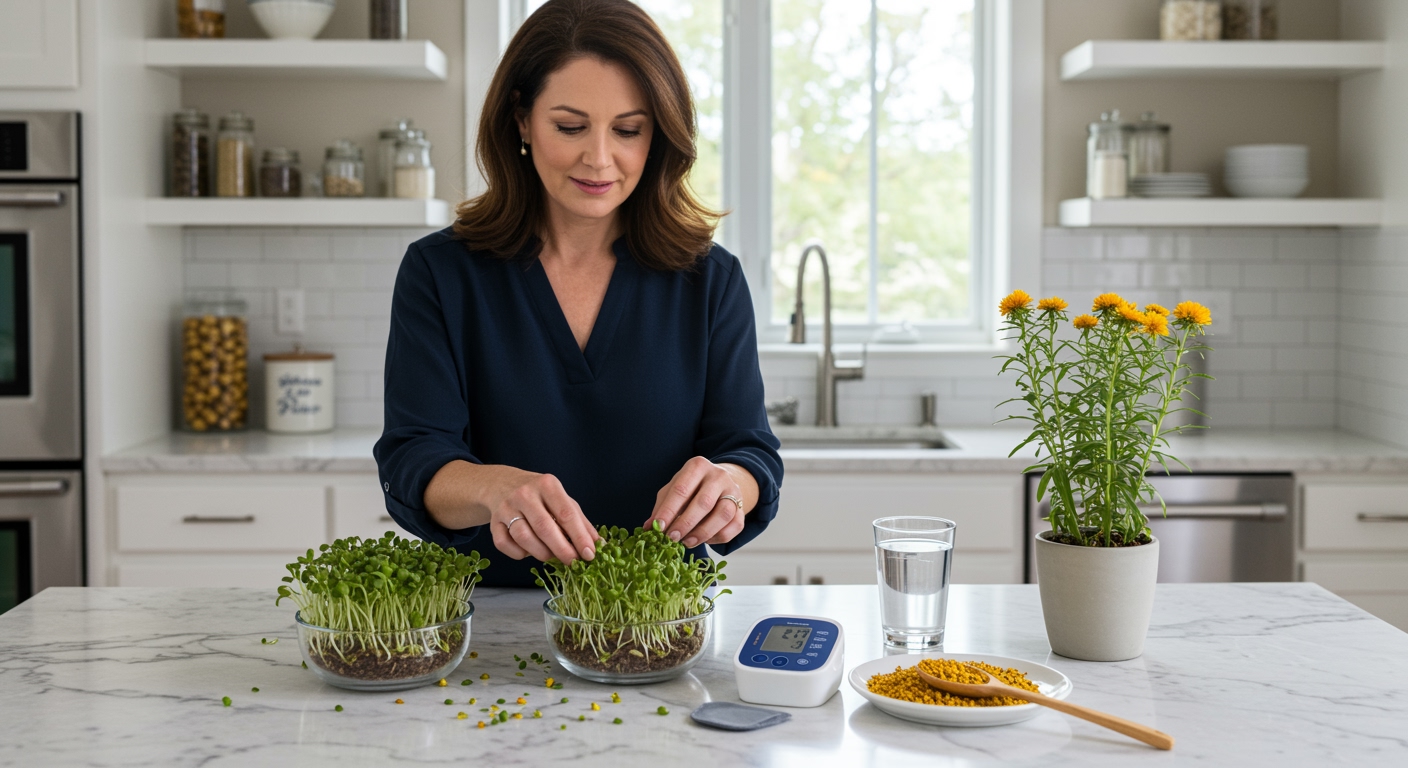 Woman touching safflower sprouts on marble counter with blood pressure monitor and health items in bright modern kitchen