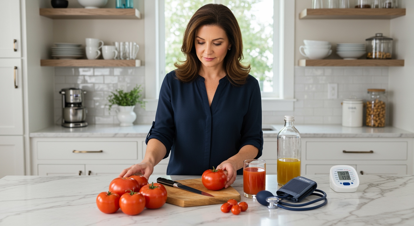 Woman holding tomato on marble counter with fresh tomatoes, cutting board, knife, tomato juice, and medical equipment visible