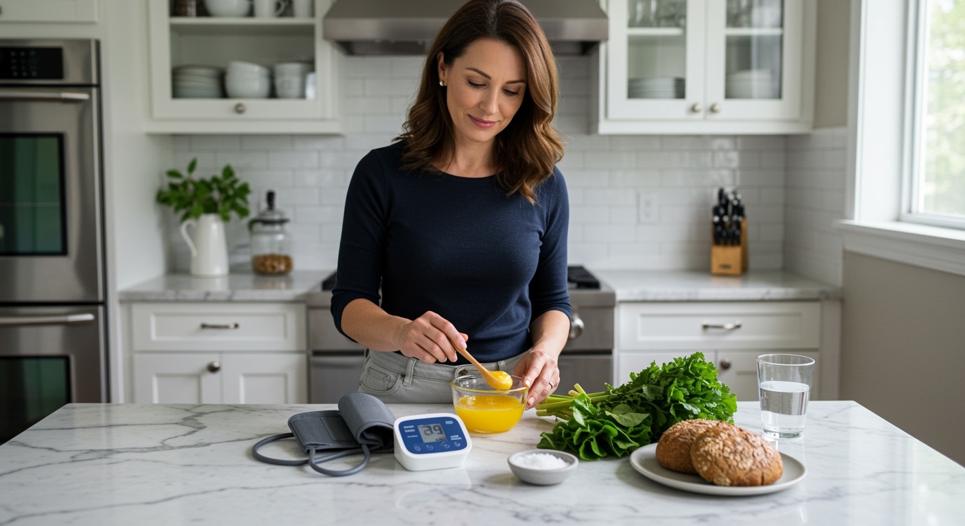 Middle-aged woman stirring ghee in glass bowl on marble counter with blood pressure monitor and healthy foods nearby in bright kitchen