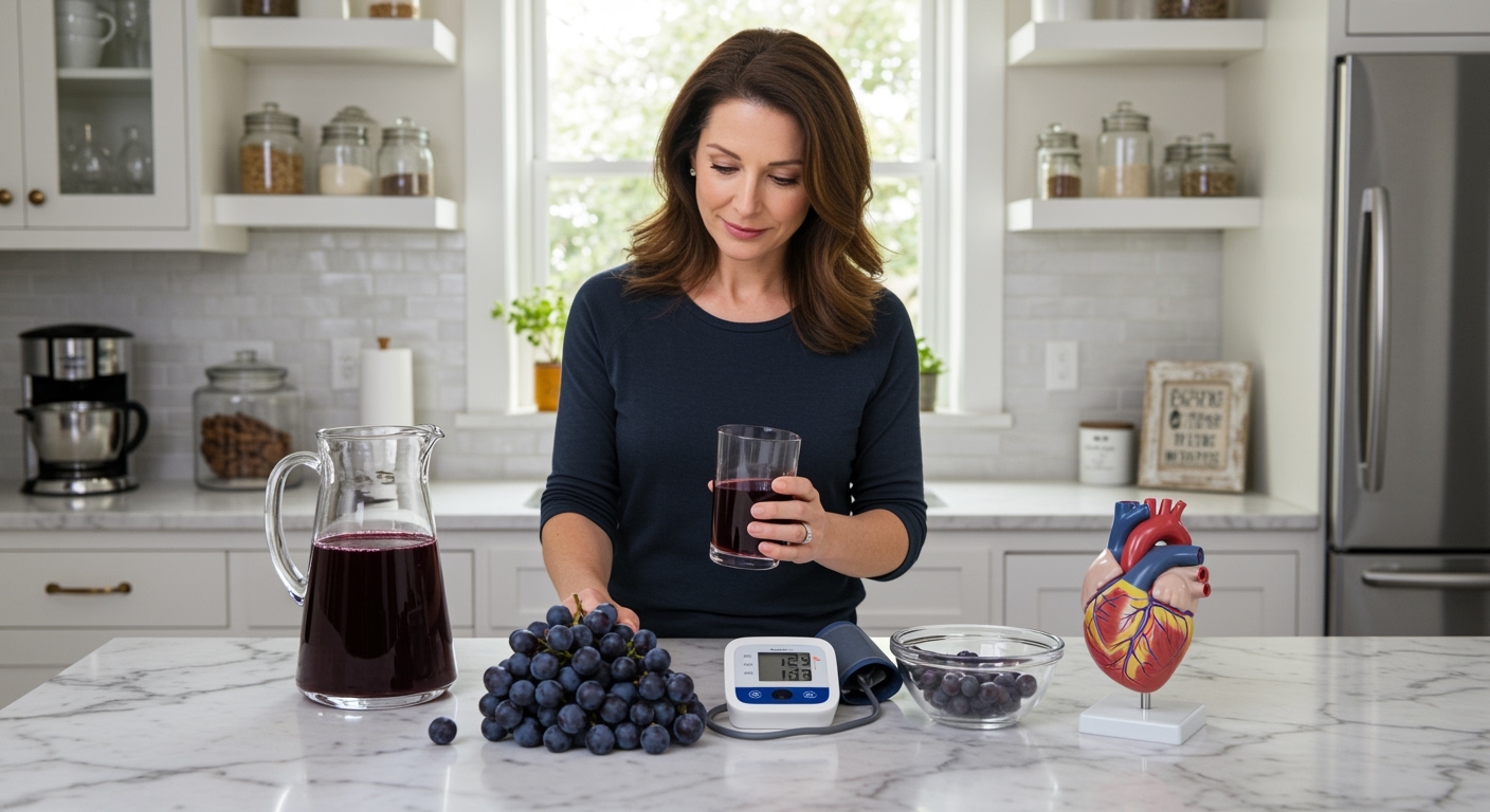 Woman holding glass of purple grape juice while standing behind marble counter with fresh grapes, blood pressure monitor, and heart model