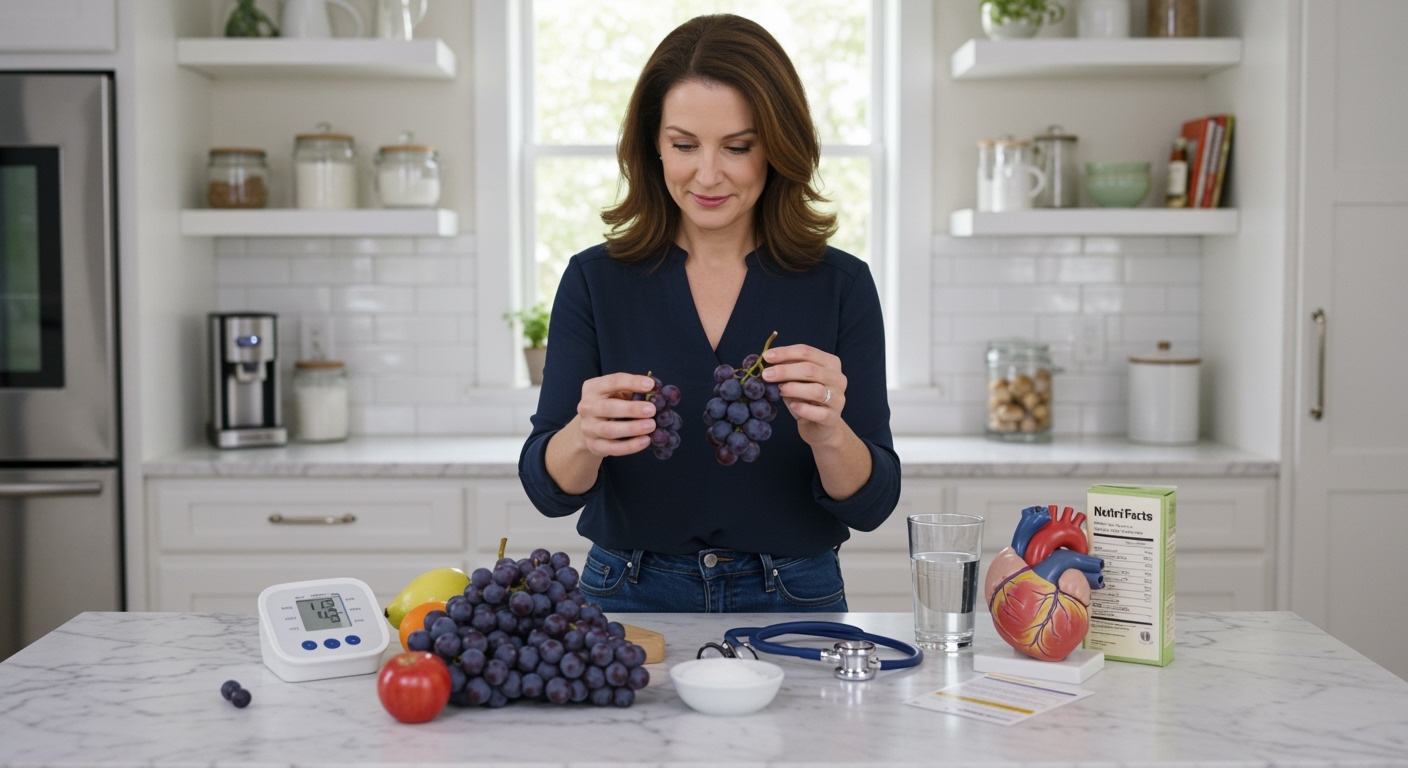 Middle-aged woman holding purple grapes while standing behind marble counter with blood pressure monitor and health items visible