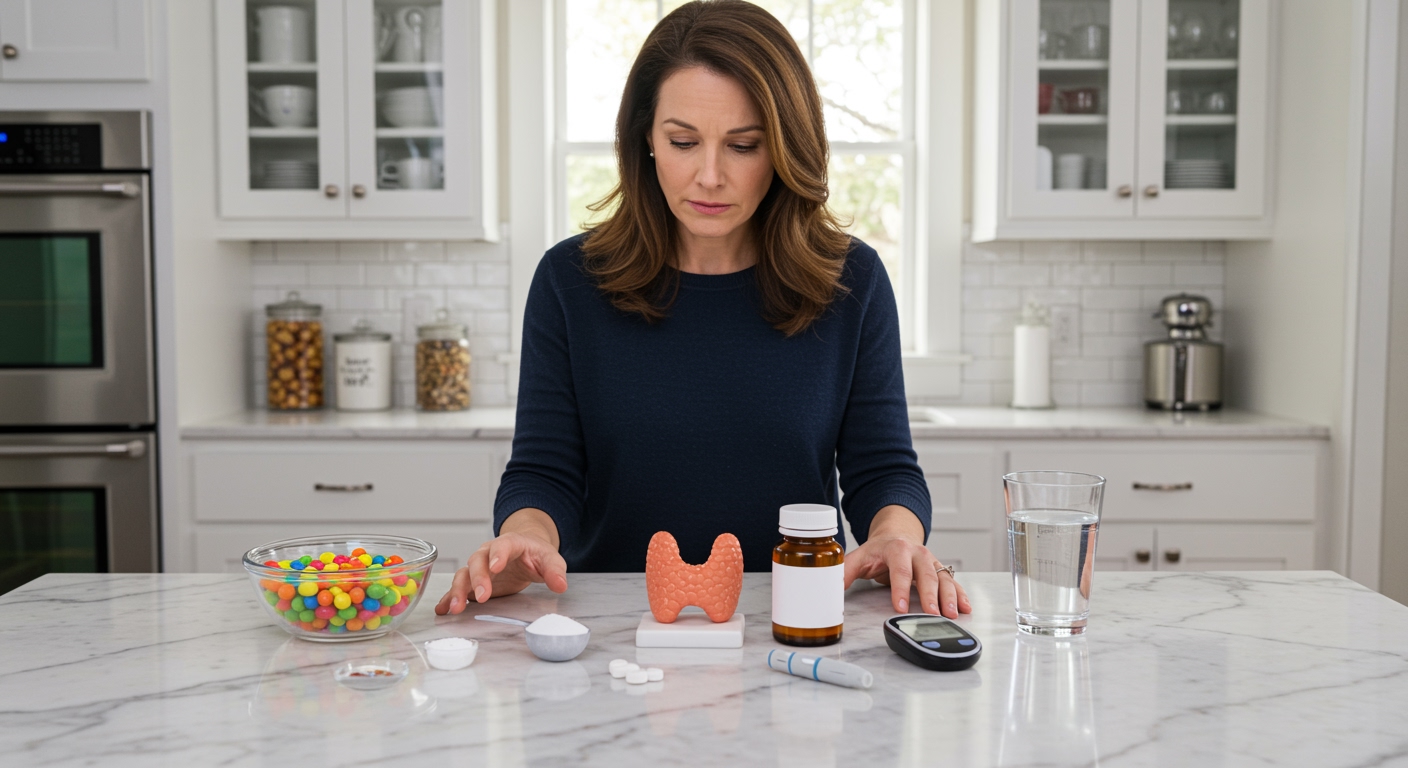 Woman standing behind marble counter looking at bowl of gumdrops with thyroid model and medication bottles in modern kitchen