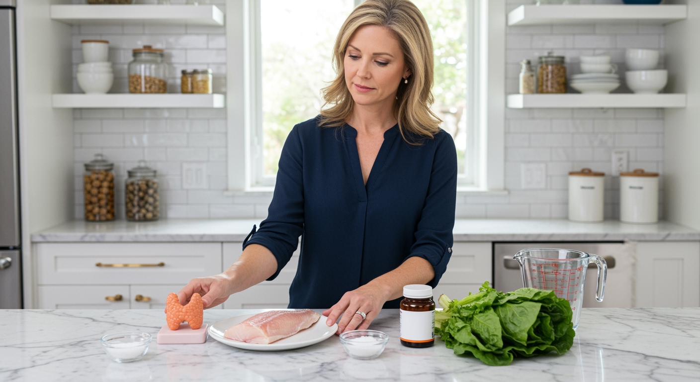 Woman standing behind marble countertop with haddock fillet, thyroid model, supplements, and fresh vegetables in bright kitchen