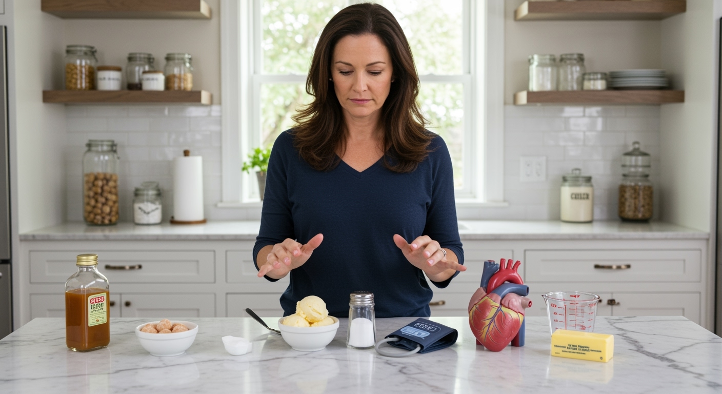Woman standing behind marble counter with ice cream bowl, salt shaker, blood pressure cuff, sugar, butter, and heart model in bright kitchen
