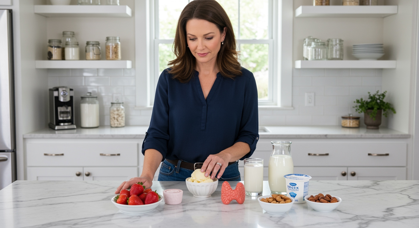 Woman standing behind marble countertop with ice cream bowl, thyroid model, strawberries, milk, yogurt, and nuts in bright kitchen