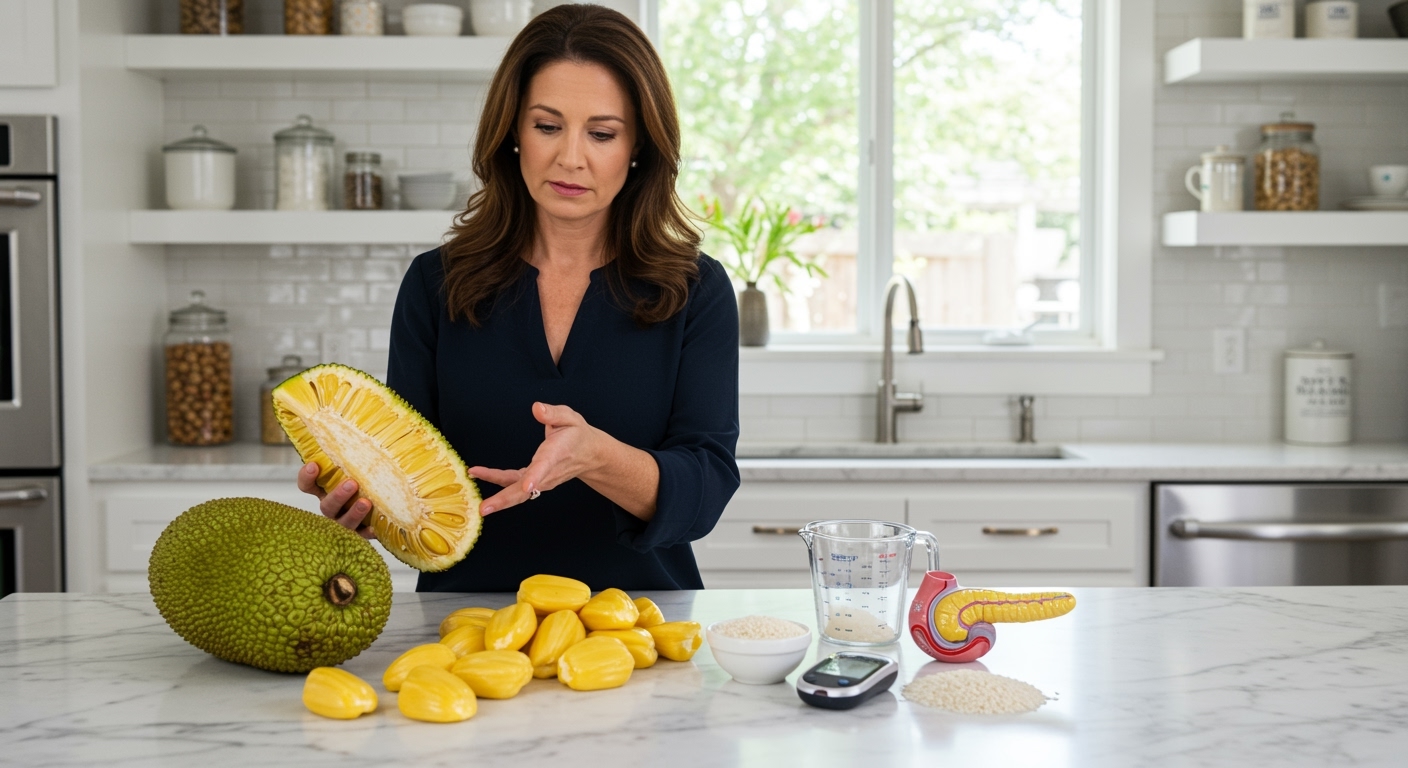 Woman holding yellow jackfruit piece while standing behind marble counter with whole jackfruit, glucose meter, and pancreas model