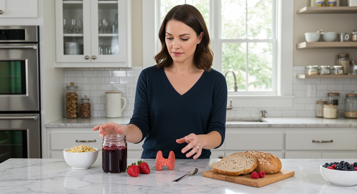 Woman standing behind marble counter examining glass jar of jam with fresh berries, bread, and thyroid model in bright kitchen