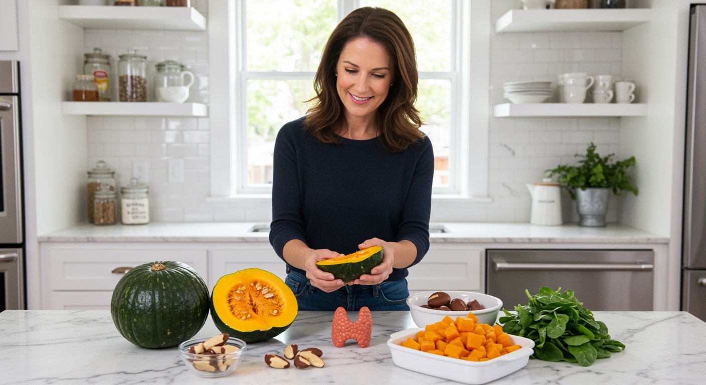Woman holding halved kabocha squash on marble countertop with whole squash, thyroid model, spinach, and nuts in bright kitchen