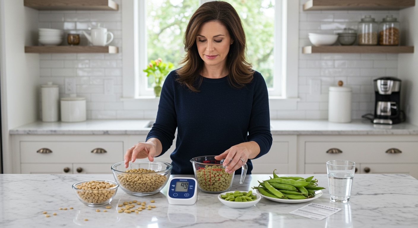 Woman pouring lima beans between bowls on marble counter with blood pressure monitor and nutrition items visible
