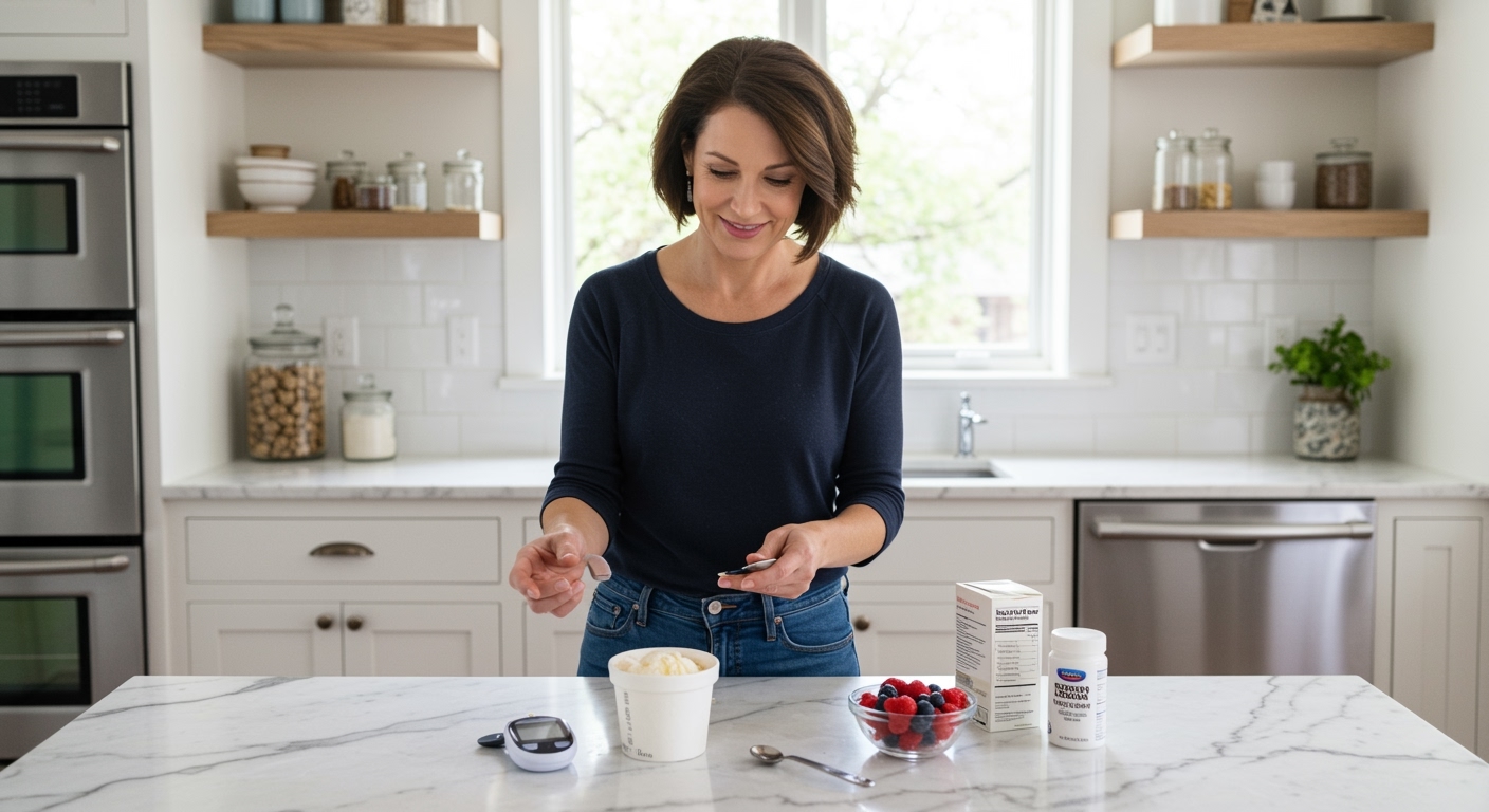 Middle-aged woman standing behind marble counter with ice cream container, glucose meter, berries, and measuring tools in bright kitchen