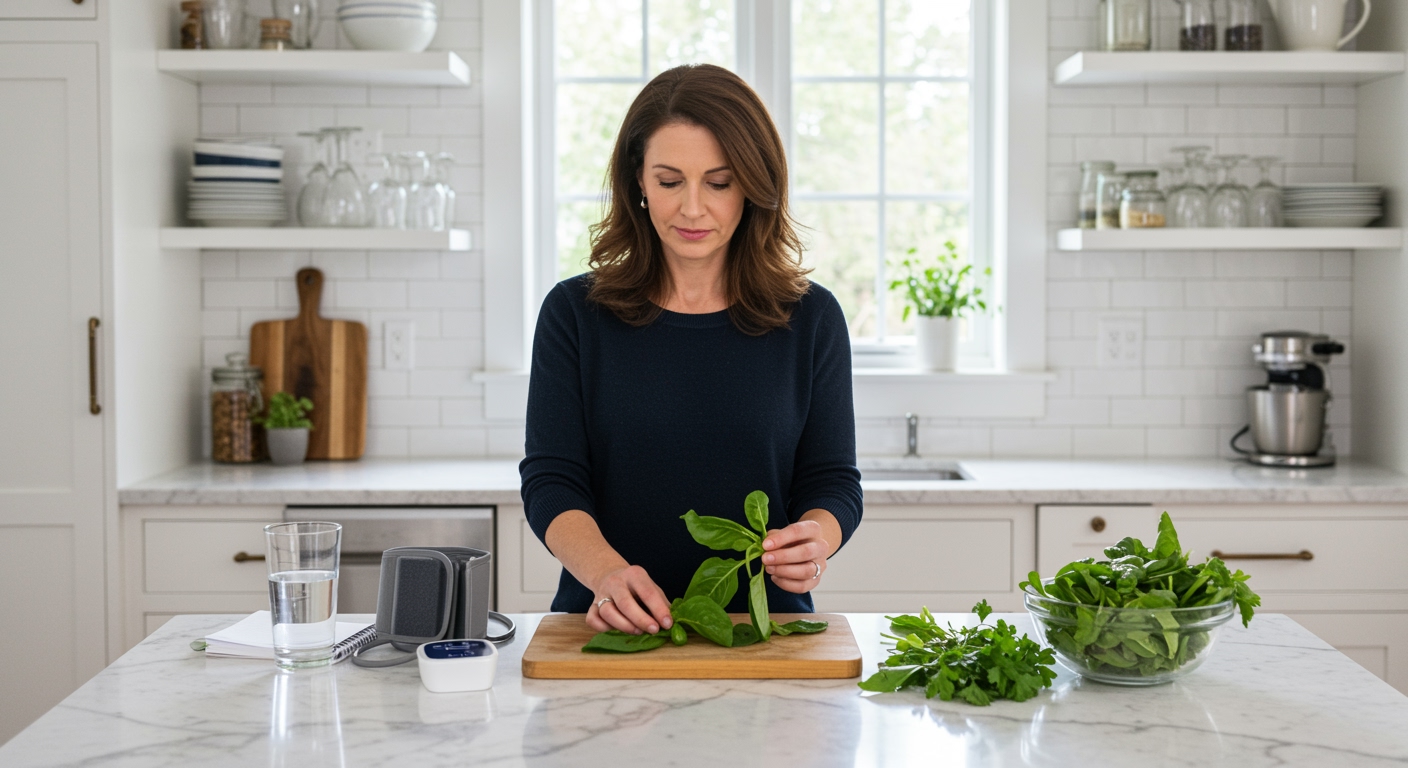 Woman examining fresh mache leaves on marble countertop with blood pressure monitor and health tracking materials visible