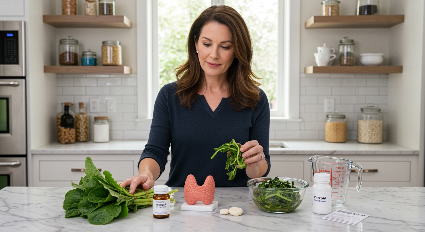 Woman standing behind marble counter examining fresh mustard greens with thyroid model and cooked greens visible in modern kitchen