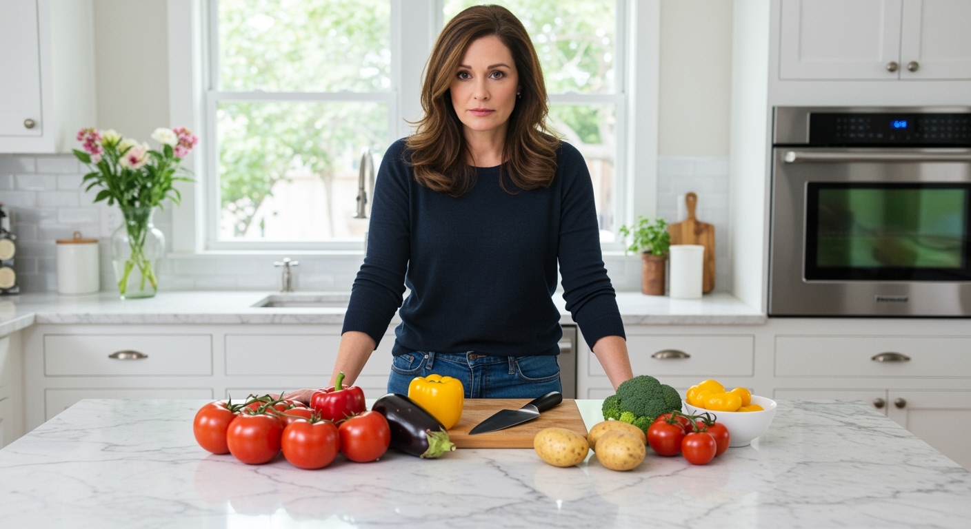Middle-aged woman in navy sweater standing at white kitchen counter with fresh tomatoes, peppers, eggplant, and potato displayed