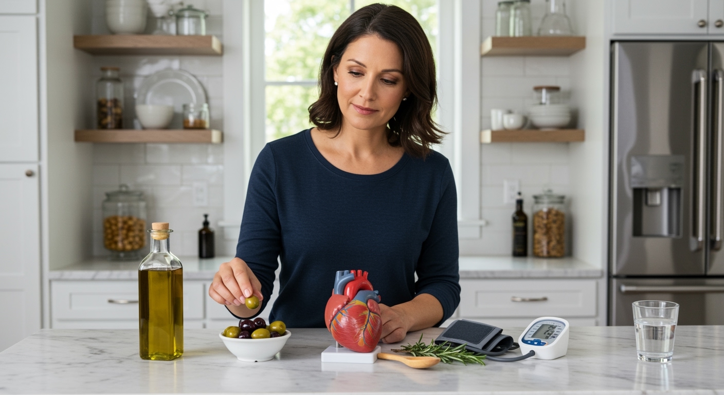 Woman holding olive while standing behind marble counter with bowl of olives, olive oil bottle, heart model, and blood pressure cuff