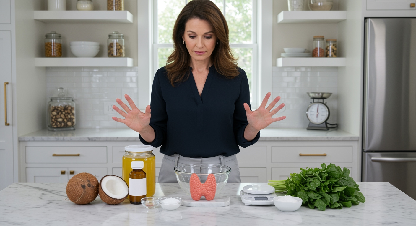 Woman standing behind marble counter with palm kernel oil, thyroid model, medication bottle, coconut, vegetables in bright kitchen