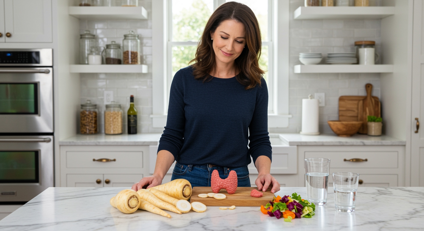 Woman standing behind marble counter holding parsnip with thyroid model and fresh vegetables arranged on surface in bright kitchen