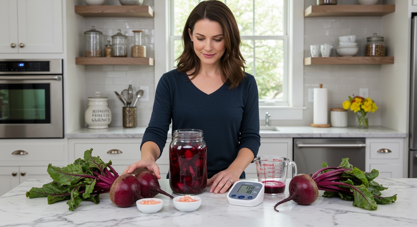 Woman standing behind marble counter with pickled beets in jar, fresh beets, salt bowl, blood pressure monitor, and beet juice