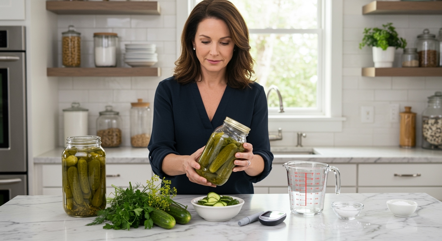 Middle-aged woman examining jar of pickles on marble countertop with blood glucose meter, cucumber slices, and fresh herbs visible