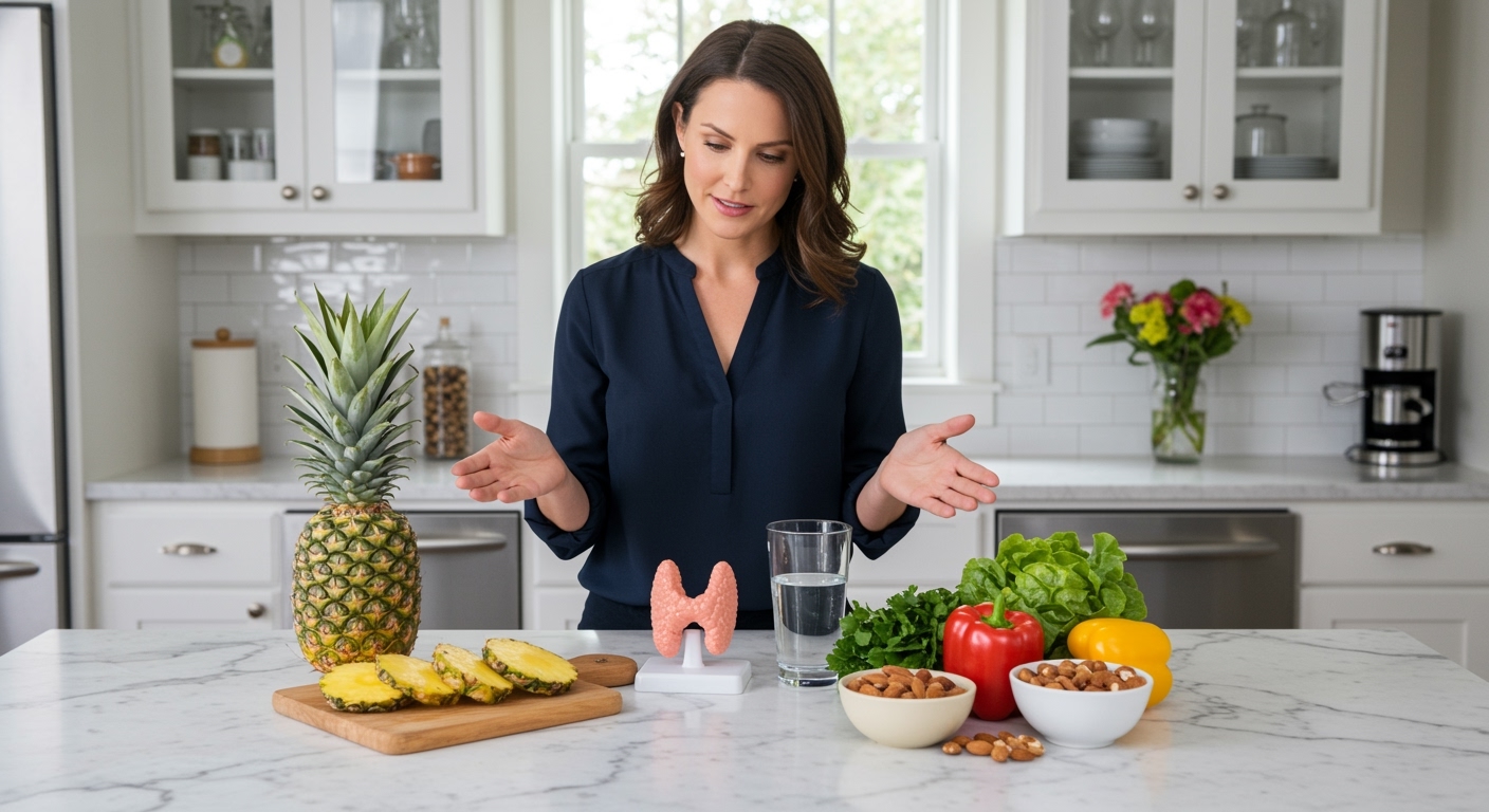 Woman standing behind marble counter looking at whole pineapple, sliced pineapple, thyroid model, and fresh vegetables in bright kitchen