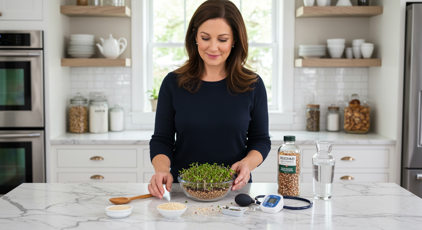 Middle-aged woman examining quinoa sprouts in glass bowl with blood pressure monitor and health items on marble countertop