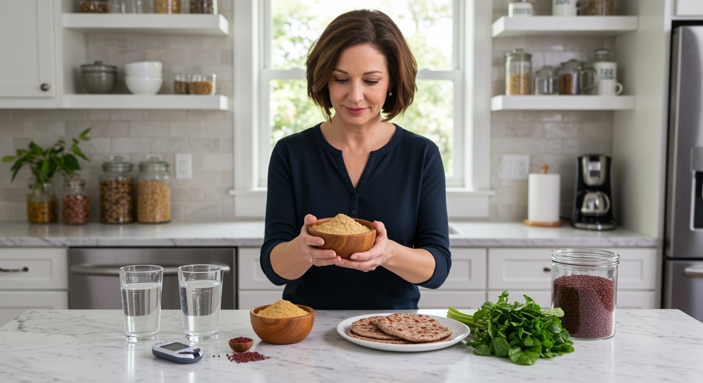 Middle-aged woman holding wooden bowl of ragi flour on white marble countertop with glucose meter and healthy foods nearby