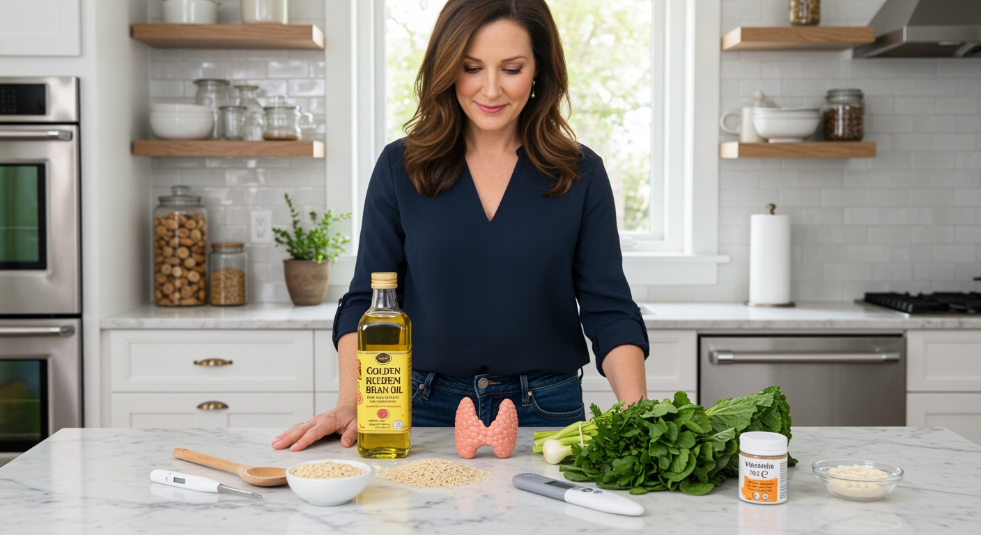 Woman standing behind marble counter with rice bran oil bottle, thyroid model, rice grains, vegetables, and supplements in bright kitchen