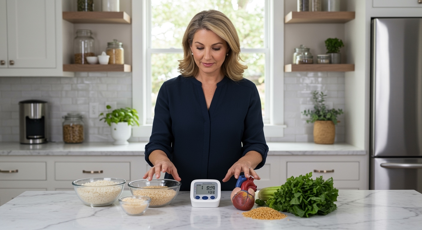 Woman standing behind marble countertop with white rice, brown rice, blood pressure monitor, heart model, and vegetables arranged