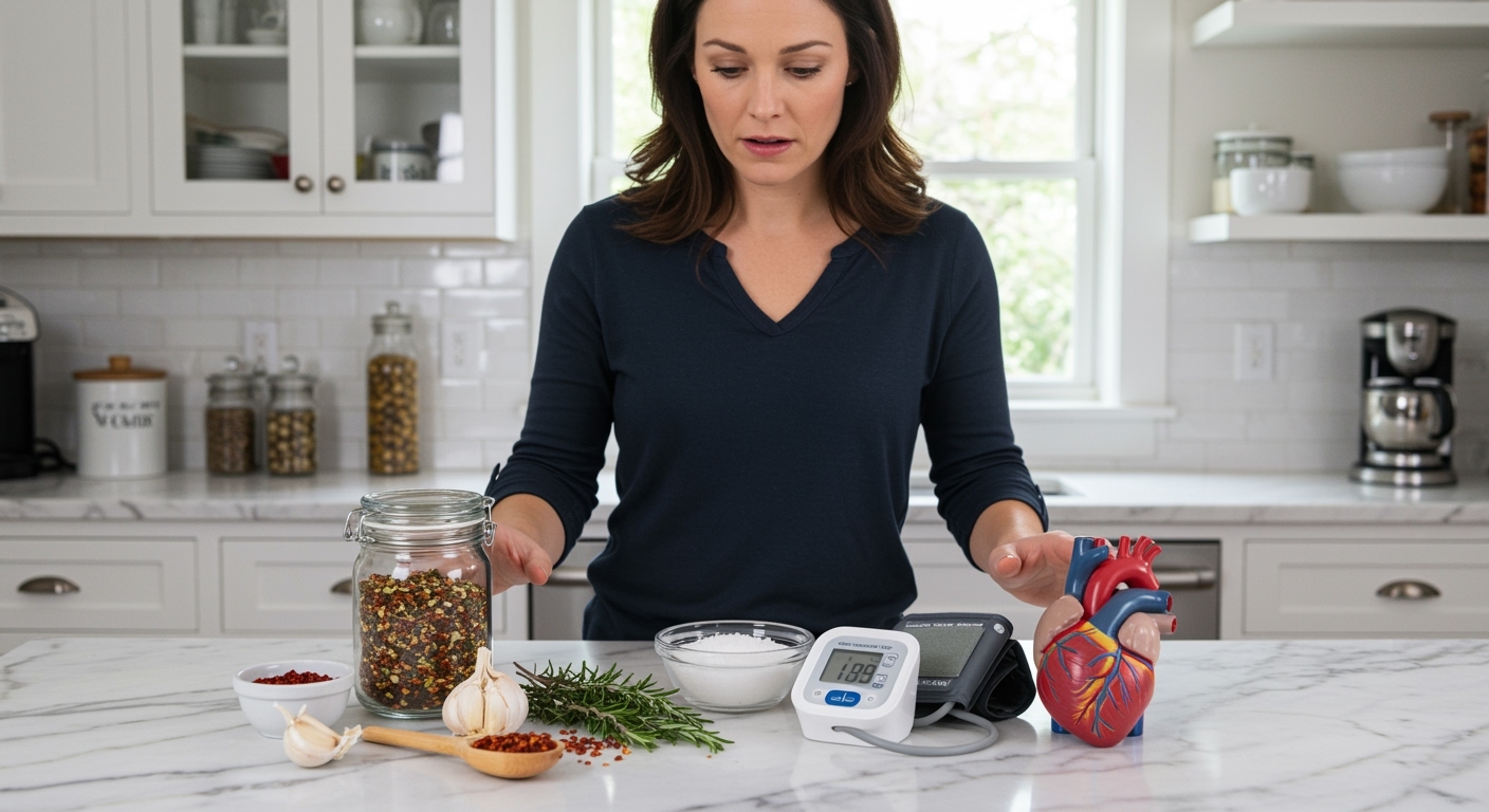 Woman standing at marble counter examining spice jars, salt bowl, herbs, and blood pressure monitor in bright modern kitchen
