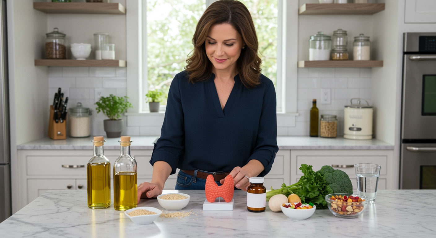 Middle-aged woman standing behind marble counter holding sesame oil bottle with thyroid model and healthy foods visible