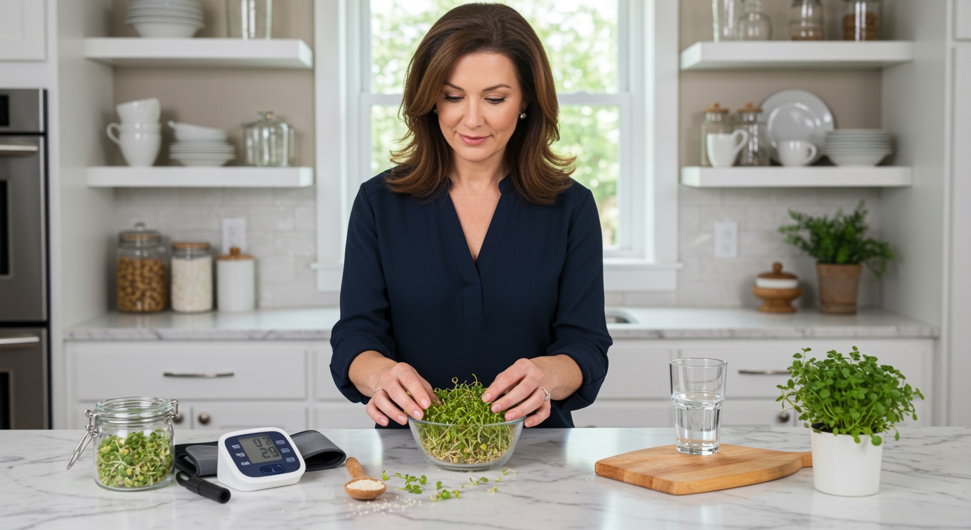 Middle-aged woman examining sesame sprouts in glass bowl with blood pressure monitor and health items on marble countertop