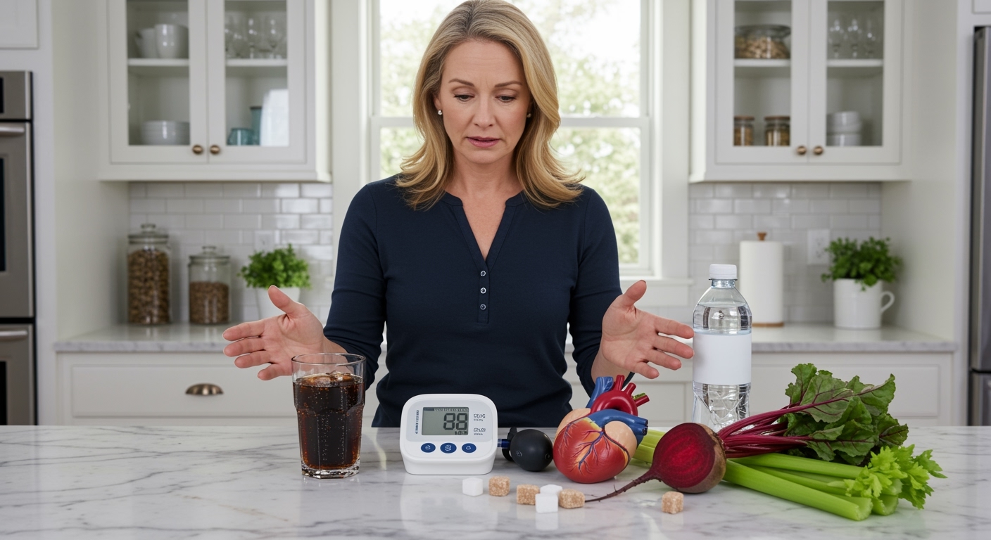 Woman standing behind marble counter looking at cola drink, blood pressure monitor, heart model, vegetables, and sugar cubes in kitchen