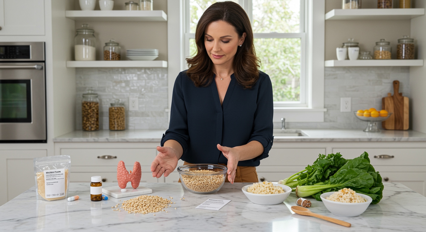Woman standing behind marble counter examining bowl of sorghum grains with thyroid model and health items in bright kitchen