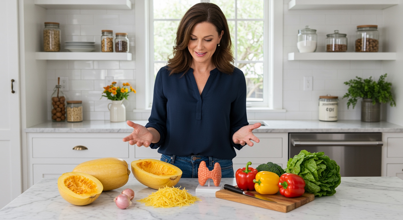 Woman holding halved spaghetti squash on marble countertop with thyroid model and fresh vegetables in bright modern kitchen