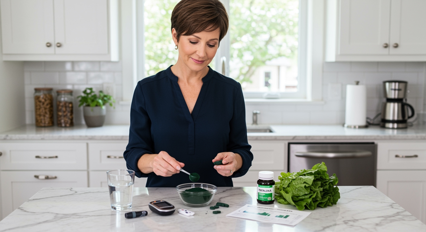 Middle-aged woman holding measuring spoon over spirulina powder bowl with blood glucose meter and healthy foods on marble counter