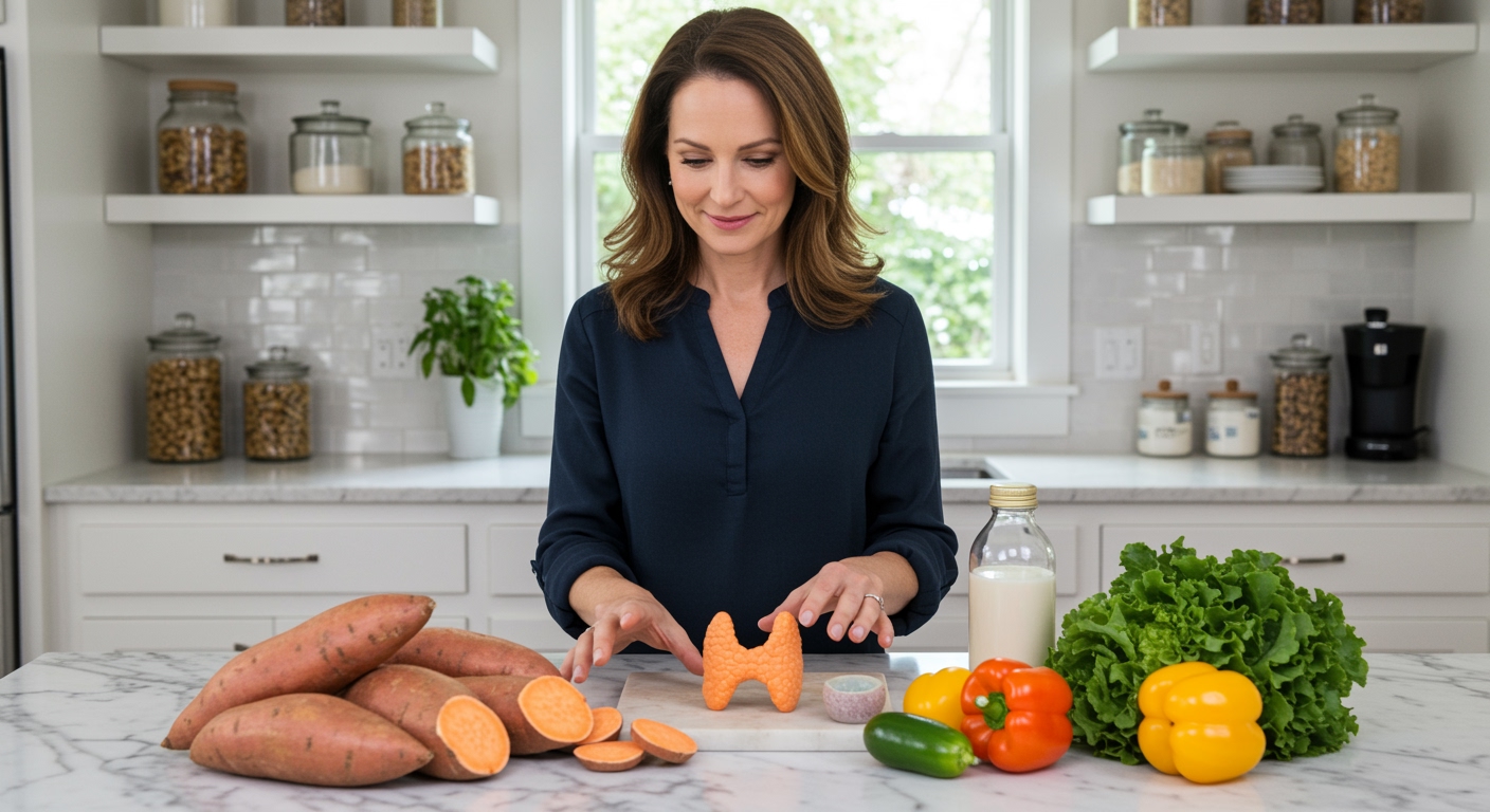 Woman standing behind marble countertop examining sweet potatoes with thyroid model and fresh vegetables in bright modern kitchen