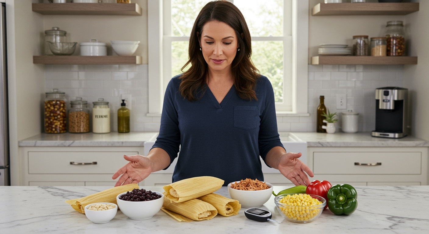 Woman standing behind marble counter examining unwrapped tamales, beans, chicken, vegetables, and glucose meter in bright modern kitchen