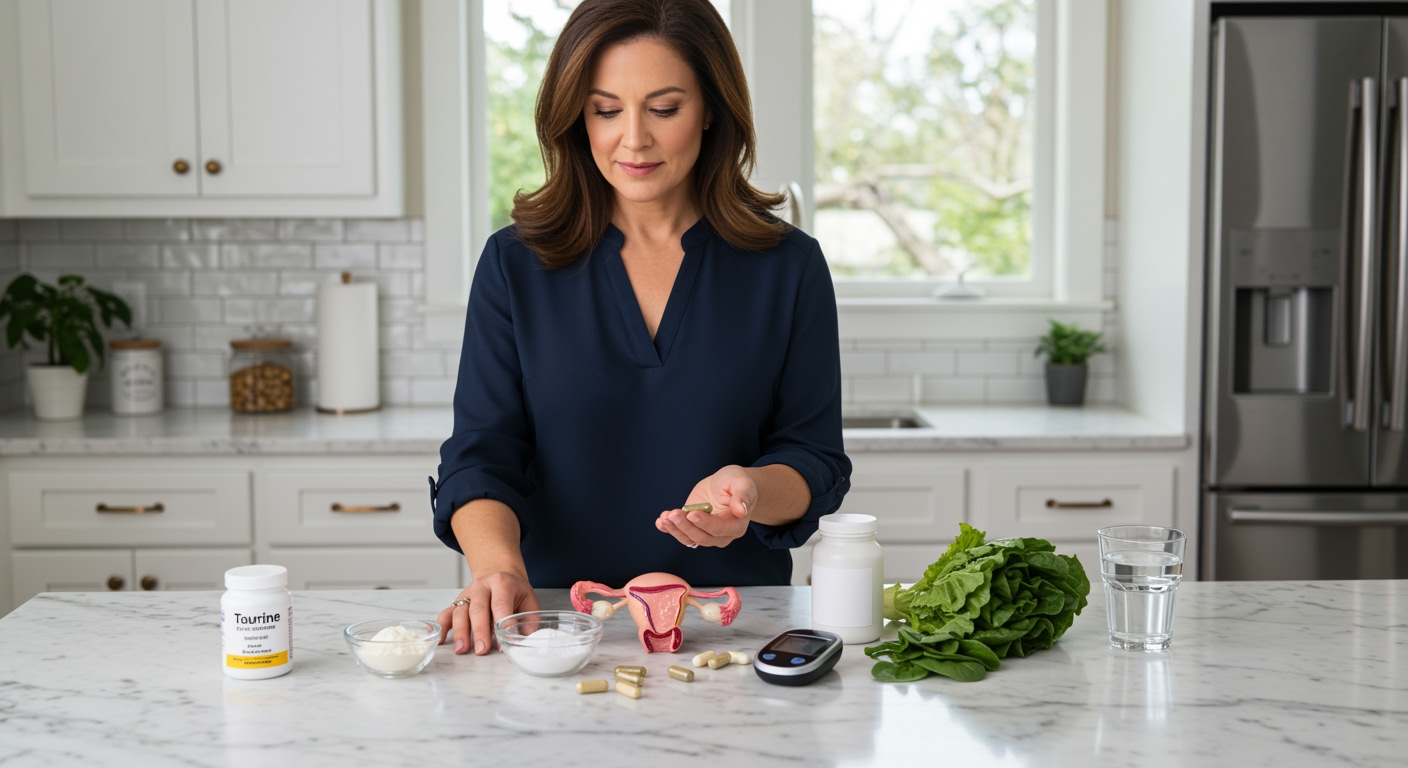 Woman holding supplement capsules while standing at marble counter with health items including powder bowl and ovary model