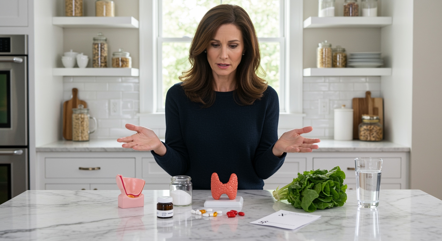 Woman standing behind marble counter examining thyroid gland model, white powder jar, pills, and fresh vegetables in bright kitchen