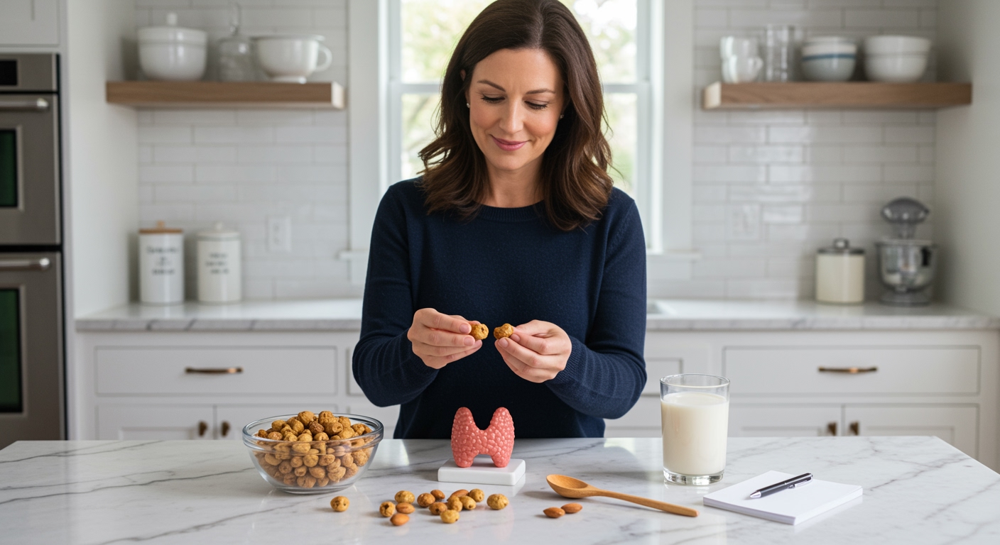 Woman holding tiger nuts on marble countertop with thyroid model, tiger nut milk glass, and almonds in bright modern kitchen