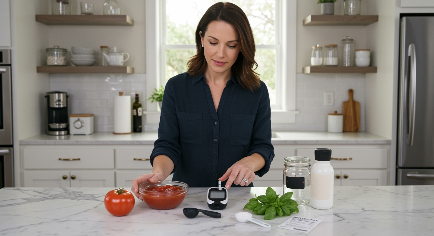 Woman holding glass bowl of tomato sauce while pointing at blood glucose meter on white marble counter with fresh tomatoes and basil
