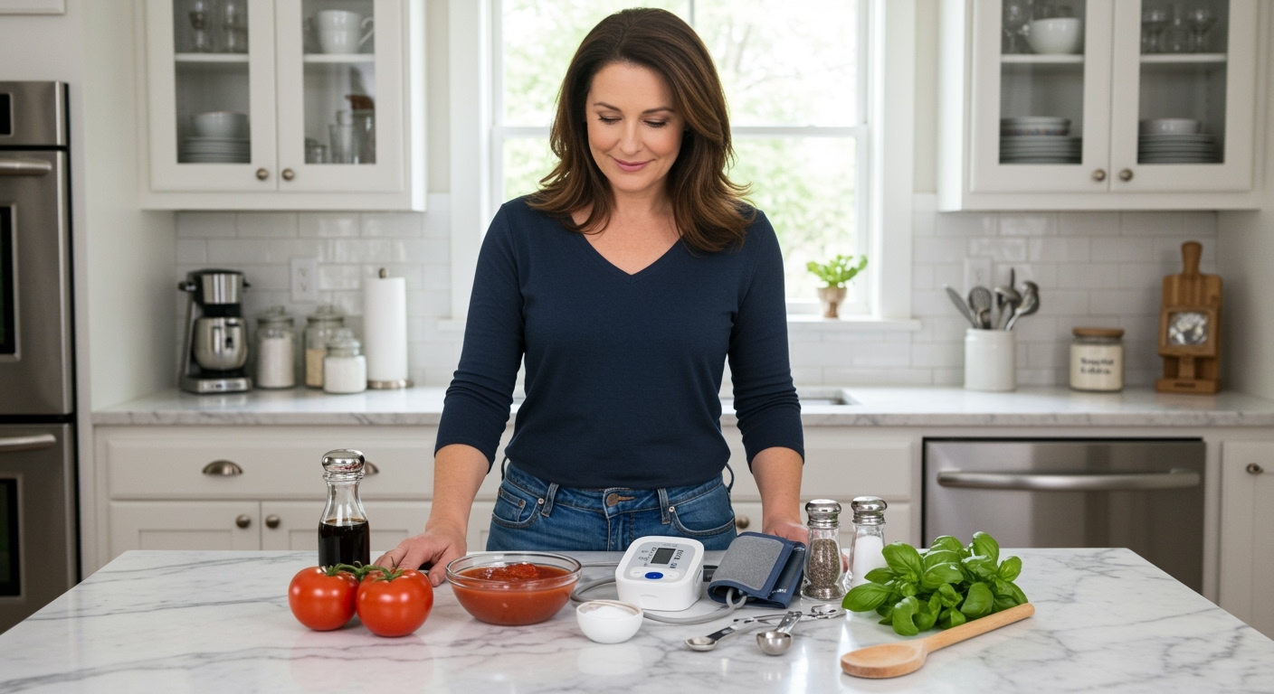 Woman standing behind marble countertop with tomato sauce, fresh tomato, blood pressure monitor, and kitchen items in bright kitchen