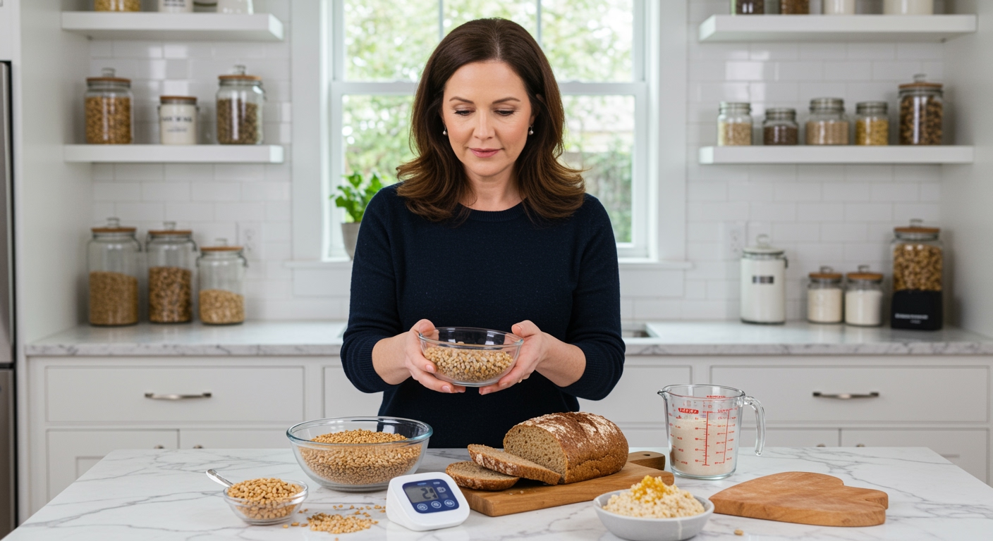 Middle-aged woman examining triticale grains in glass bowl on marble countertop with blood pressure monitor and grain products