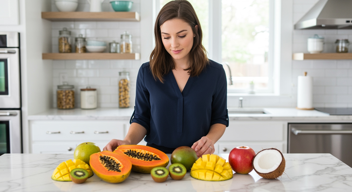Woman holding mango slice while examining various tropical fruits on white marble countertop in bright modern kitchen