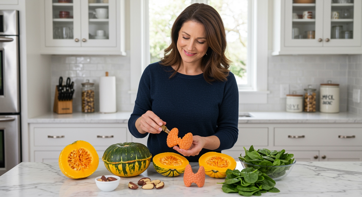 Woman holding turban squash on marble counter with halved squash, thyroid model, Brazil nuts, spinach, and cubed squash in kitchen