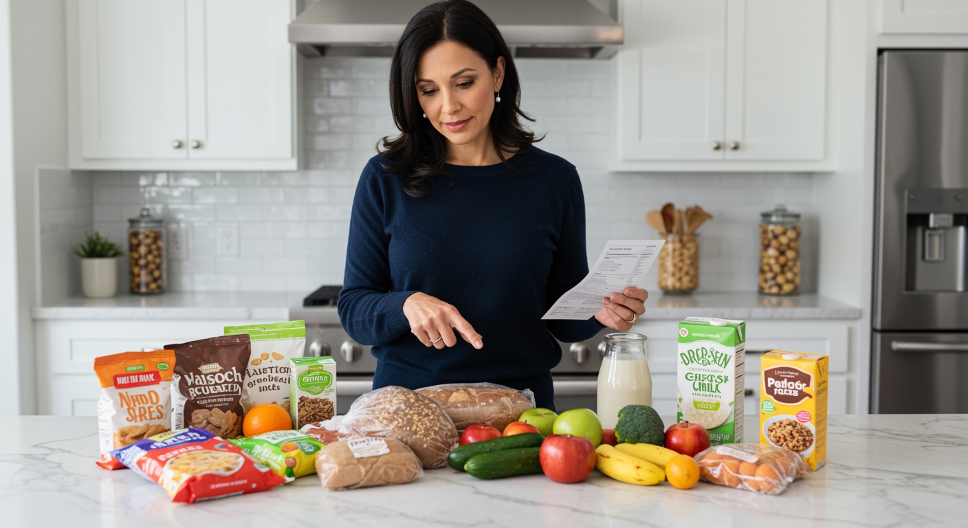 Woman examining packaged foods and fresh produce on white marble kitchen counter with natural lighting