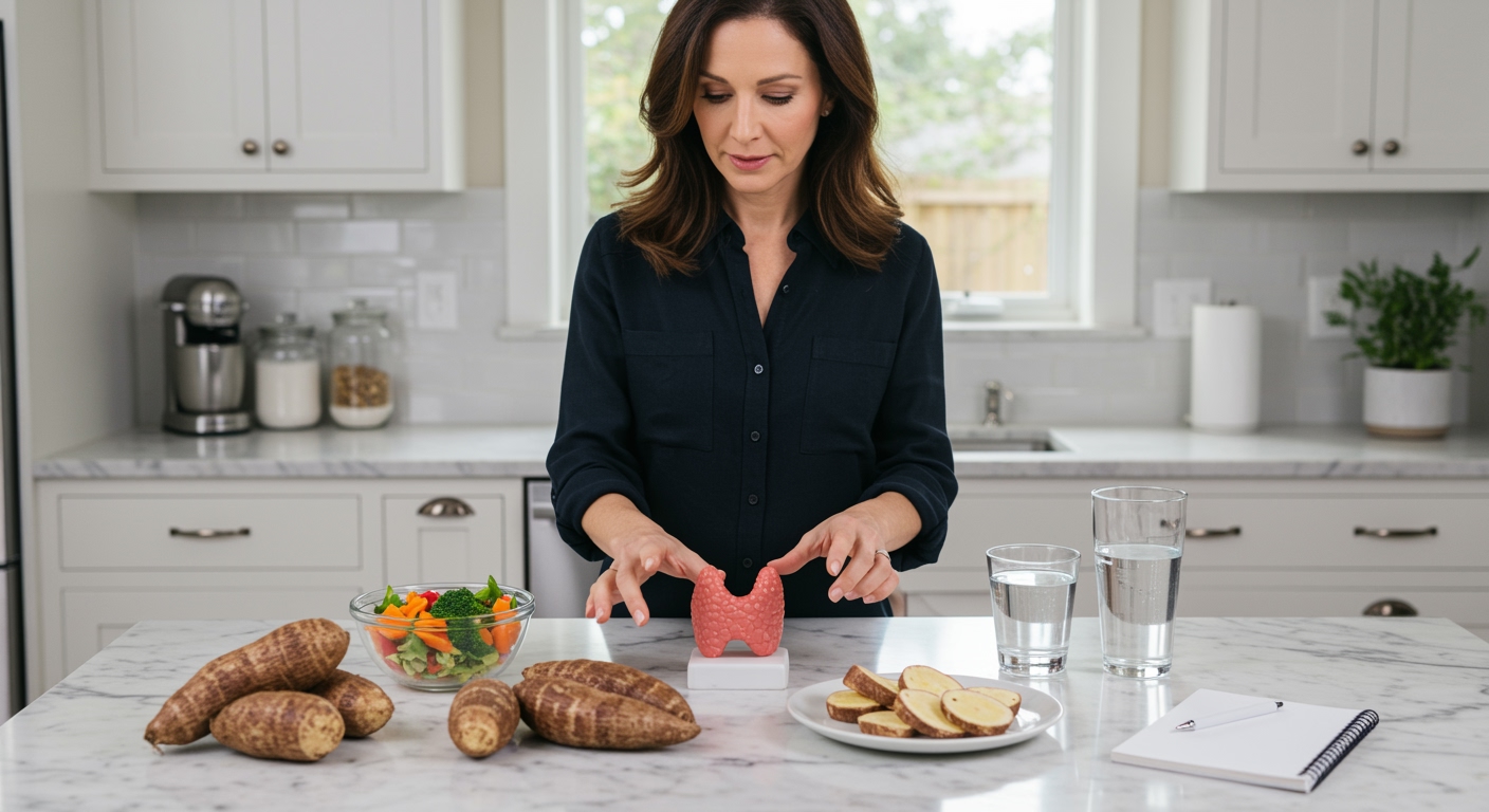 Woman standing behind marble counter arranging yams, thyroid model, vegetables, and nutrition items in bright modern kitchen