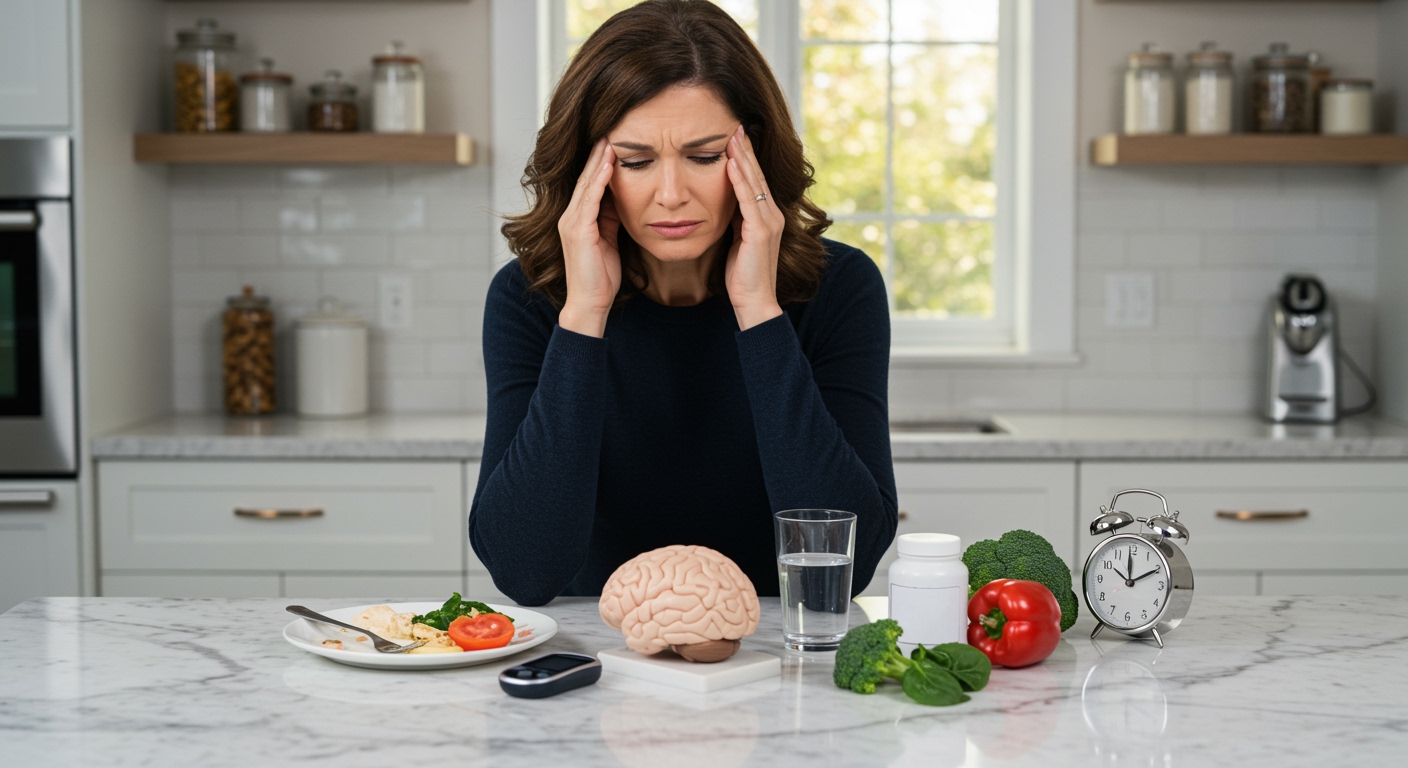 Woman pressing temples with headache pain standing behind marble counter with brain model and food items in bright kitchen
